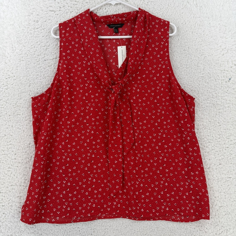 Banana Republic Blouse Womens XL Red Floral Print V Neck Sleeveless Bow Top NWT
